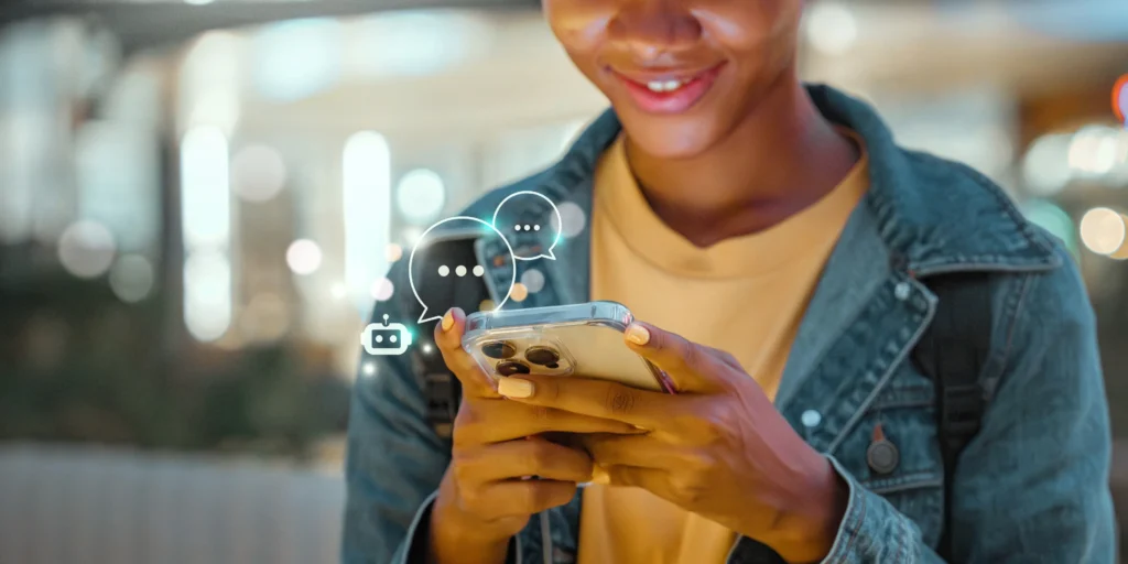 A child looking at their reflection in a smartphone screen that shows an AI assistant interface
